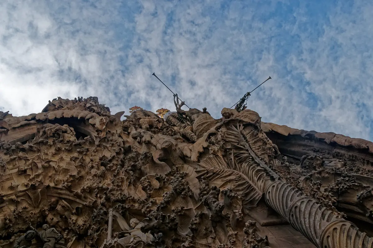 The richly carved Nativity facade seen from below