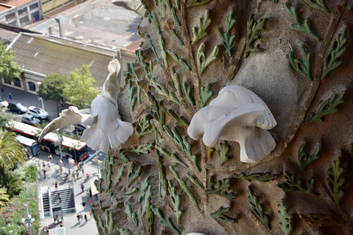 Sculpted details on the Nativity towers with the street far below