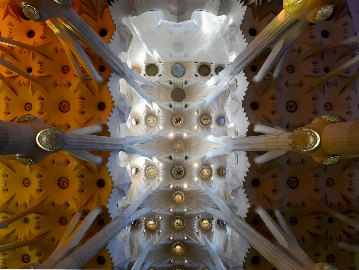 Looking up at the ceiling vaults of the Sagrada Família
