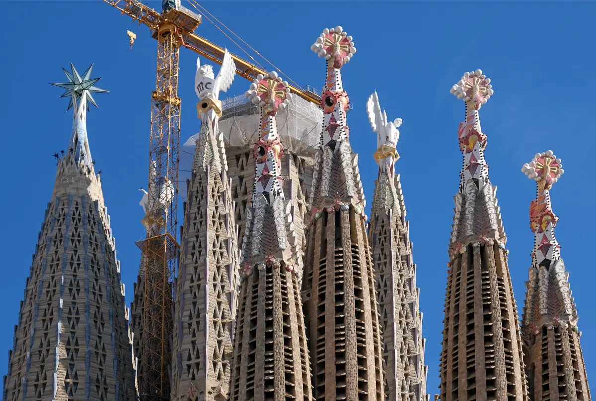 The tall central towers of the Sagrada Família, one crowned with a star
